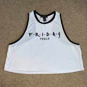 White “F.R.I.D.A.Y FEELS” Muscle Crop Top